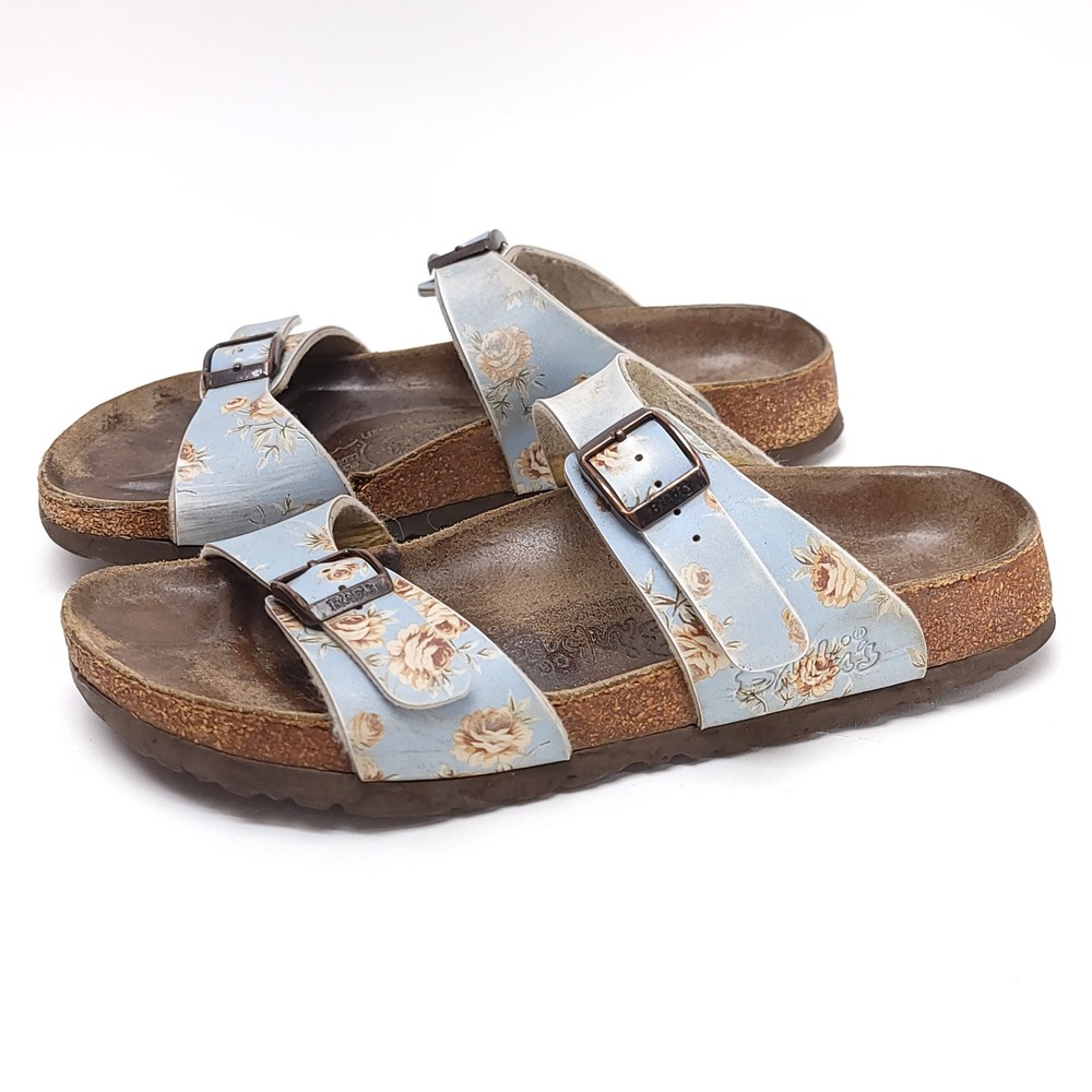Birki's Birkenstock Sydney Sandals Light Blue Floral‎ Rose Double Strap Size 38